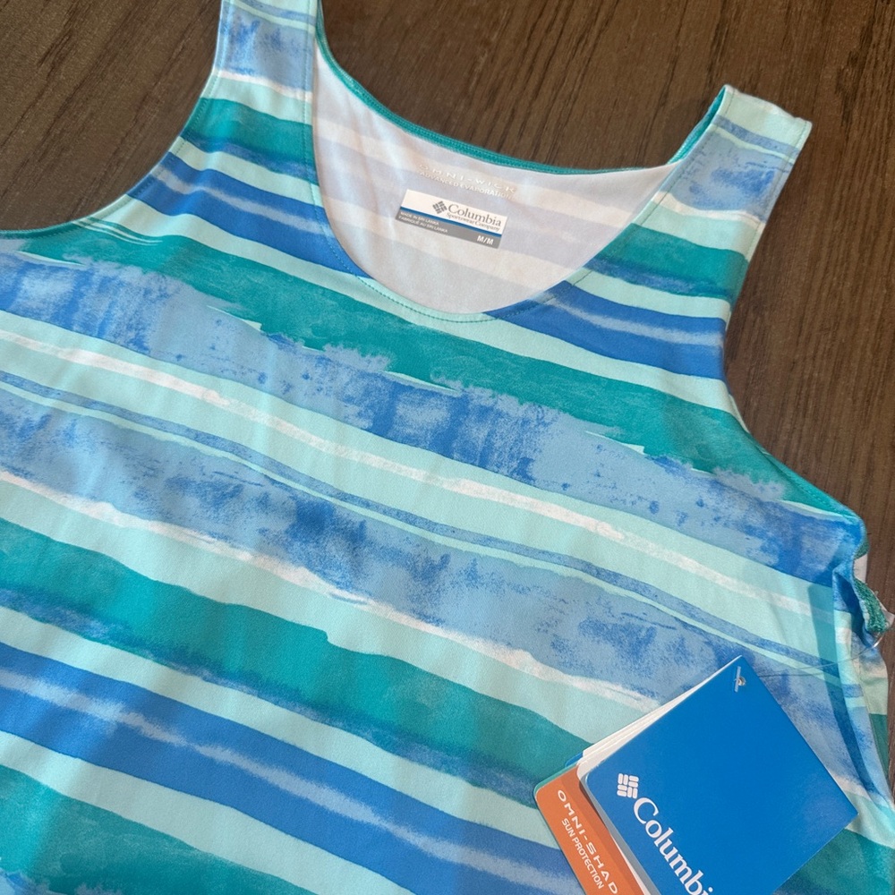 Columbia Women’s Tank Top Omni Shade, Omni Wick Size Medium Blue Green Print - Picture 2 of 8